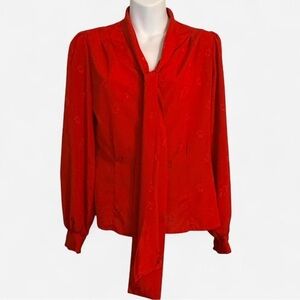 VTG Jo Matthew’s Women’s Red Blouse, Floral Accent, Tie Front Button Up Sz 7/8